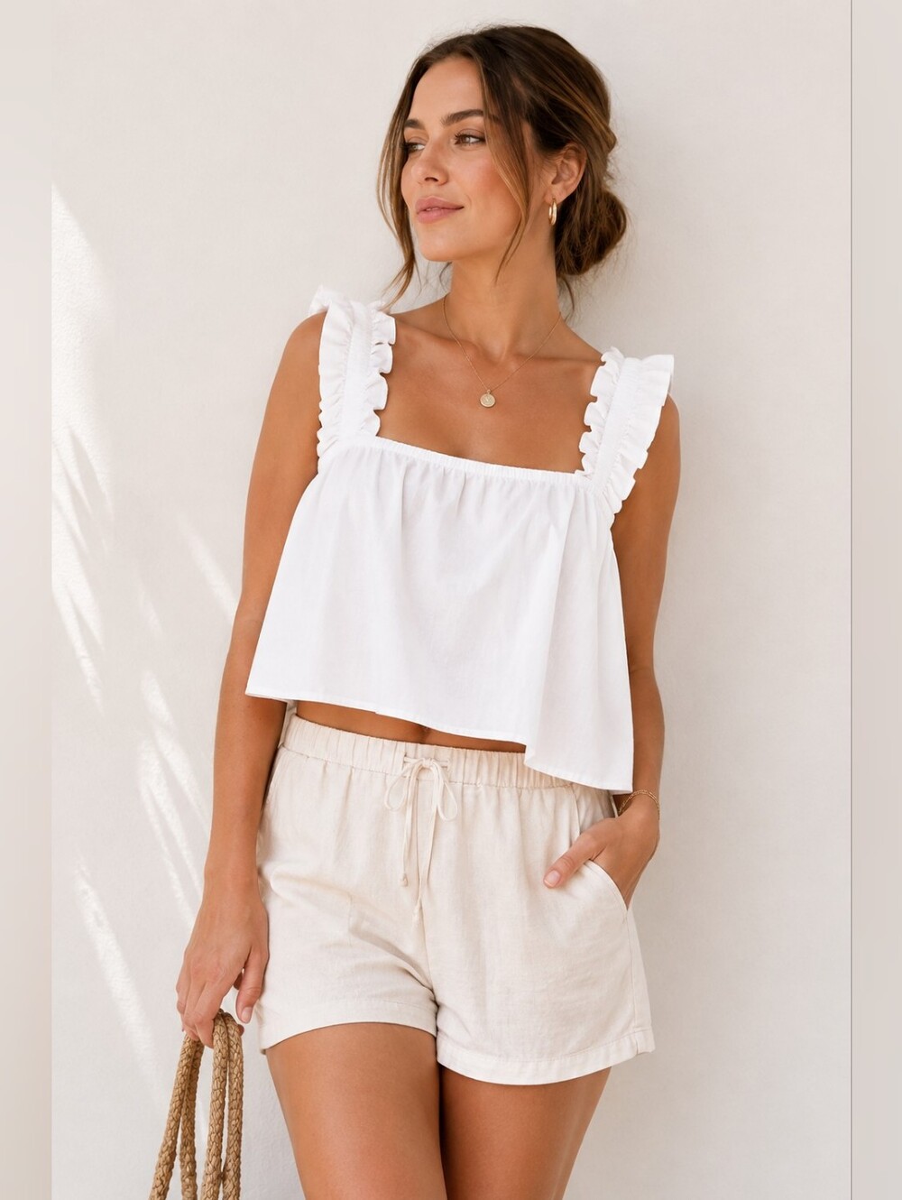 White Ruffle Strap Cotton Poplin Tank Top XL NWT Oversized Clean Girl